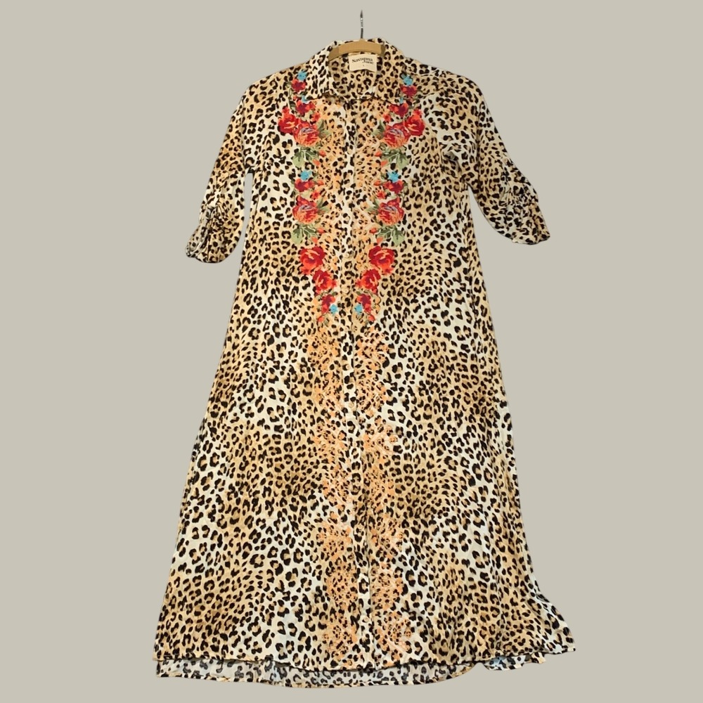 Savanna Jane Leopard Shirt Dress Womens Small Floral Embroidered Boho Midi Maxi
